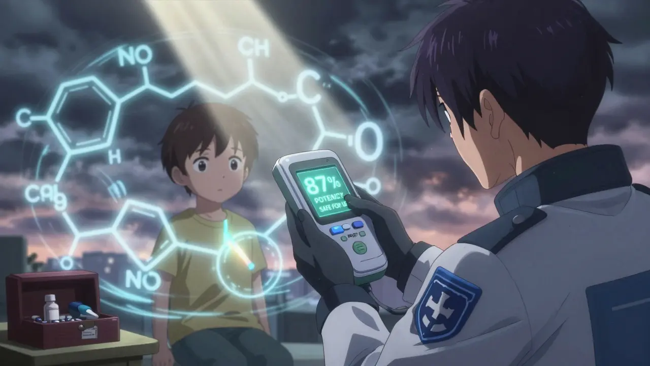 A paramedic scans an expired EpiPen with a handheld device, showing 87% potency.