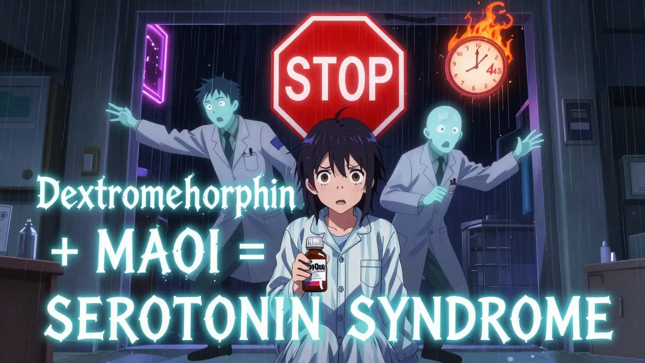 A patient holding DayQuil as ghostly figures and a ticking clock with '14 days' in flames appear around them in a dramatic anime scene.