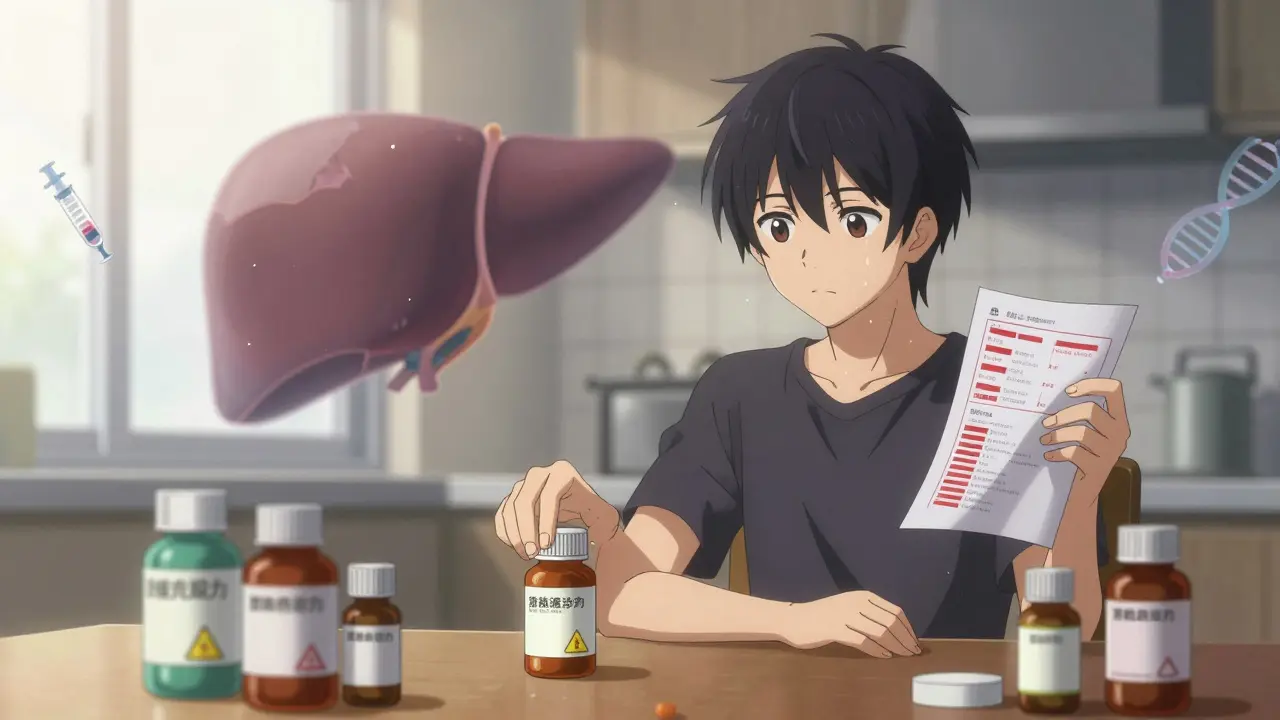 A person reaching for medicine while a shadowy damaged liver looms behind them, with blood test results visible.