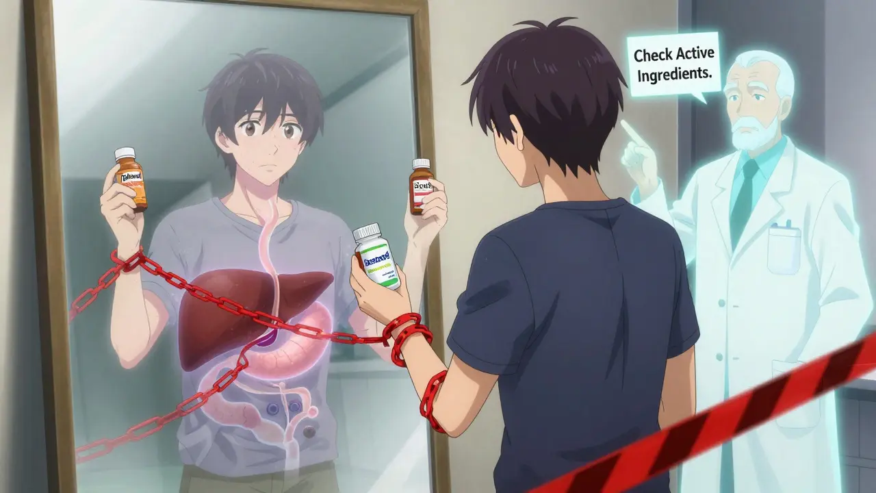 A person surrounded by spectral duplicate pills, with warning chains and deteriorating organs behind them.