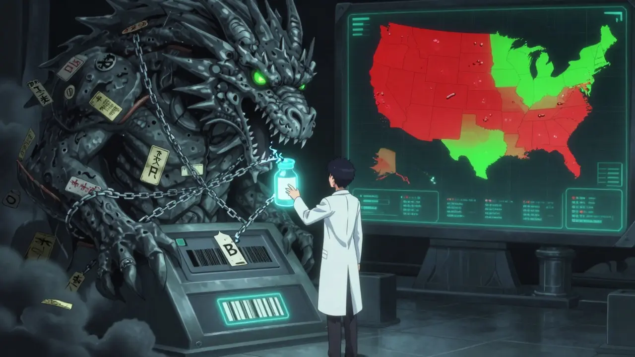 A pharmacist scans a suspicious pill bottle as a monstrous counterfeit creature is bound by spectral chains.