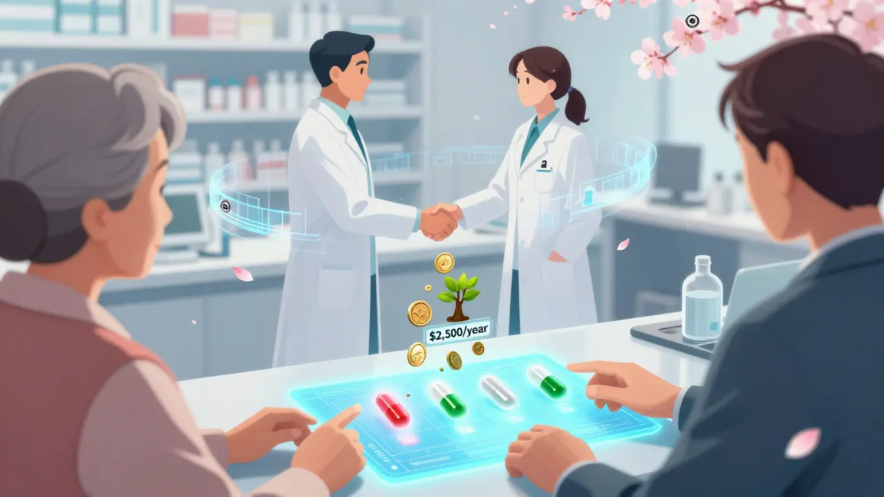 An elderly woman and pharmacist reviewing a holographic medication chart as coins turn into a savings tree, with data streams connecting them.