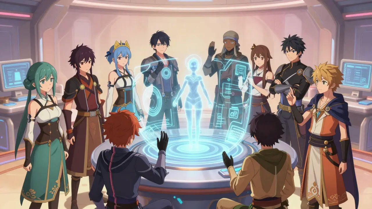 Diverse team collaborating with adaptive hologram technology interface