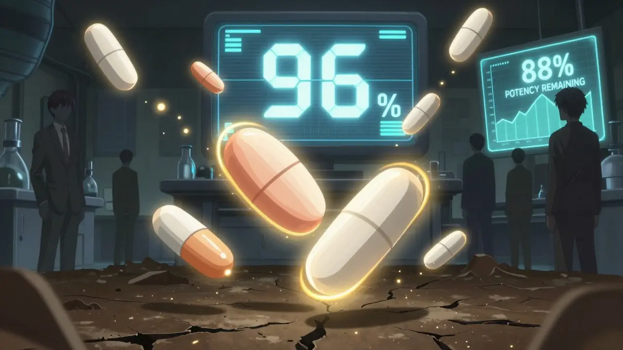 Floating expired pills glow with golden light while pharmaceutical executives turn away.