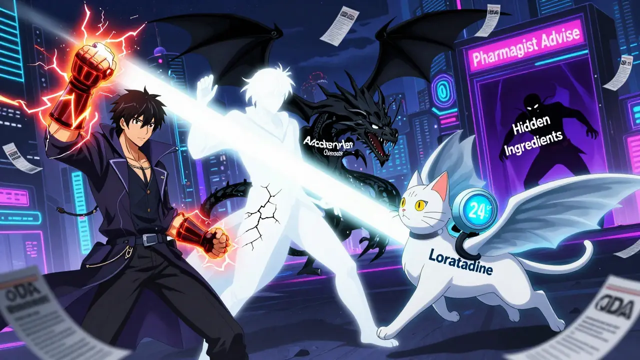 Heroic OTC medication figures battle shadowy overdose villains in a neon-lit cityscape.