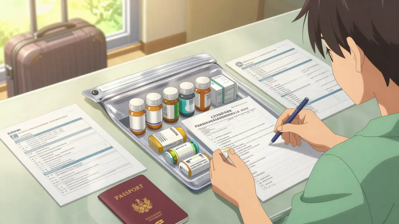 Organized travel preparation workspace with prescriptions