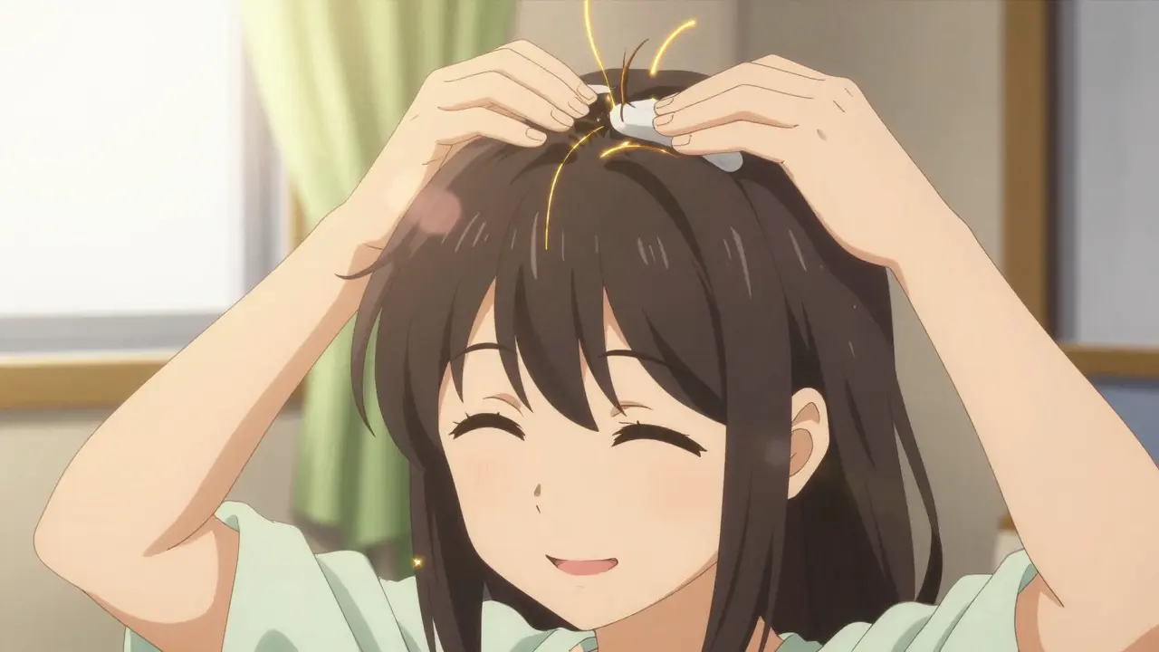 Patient applying treatment with glowing new hair growth visible