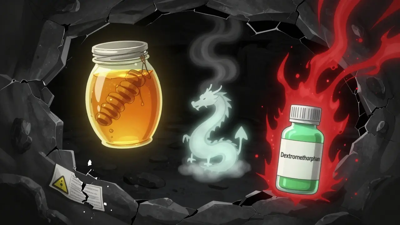 Safe remedies like honey and steam float peacefully beside a dark portal spewing dangerous dextromethorphan energy.