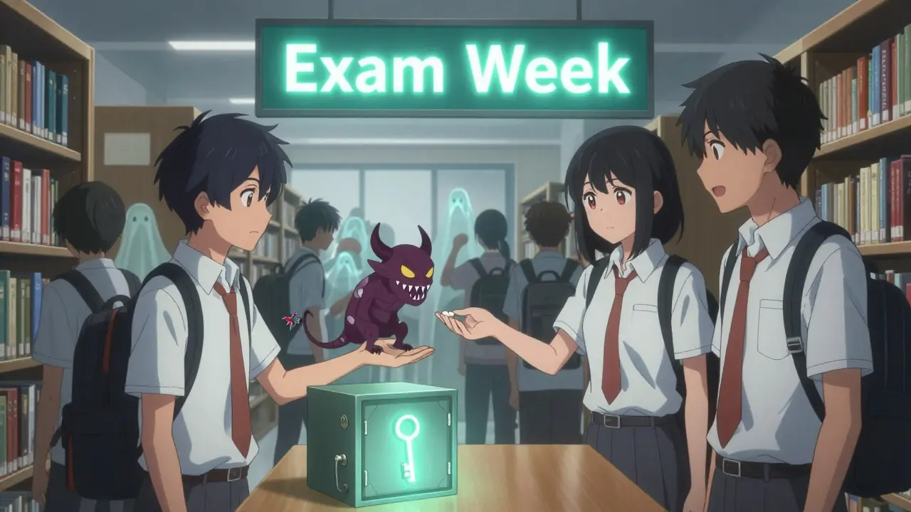 Students exchanging a pill in a library, which turns into a demon, while a secure lockbox glows with protective light.