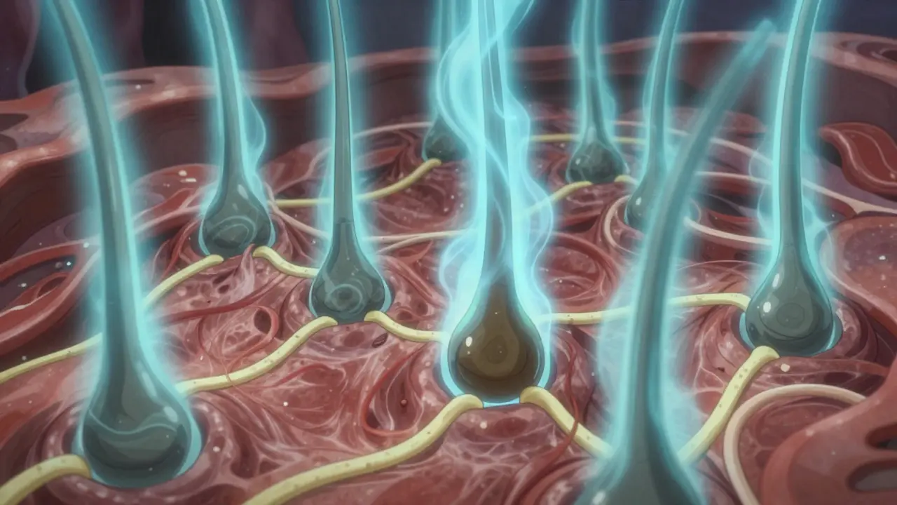 Stylized hair follicles dimming under blue mist representing medication