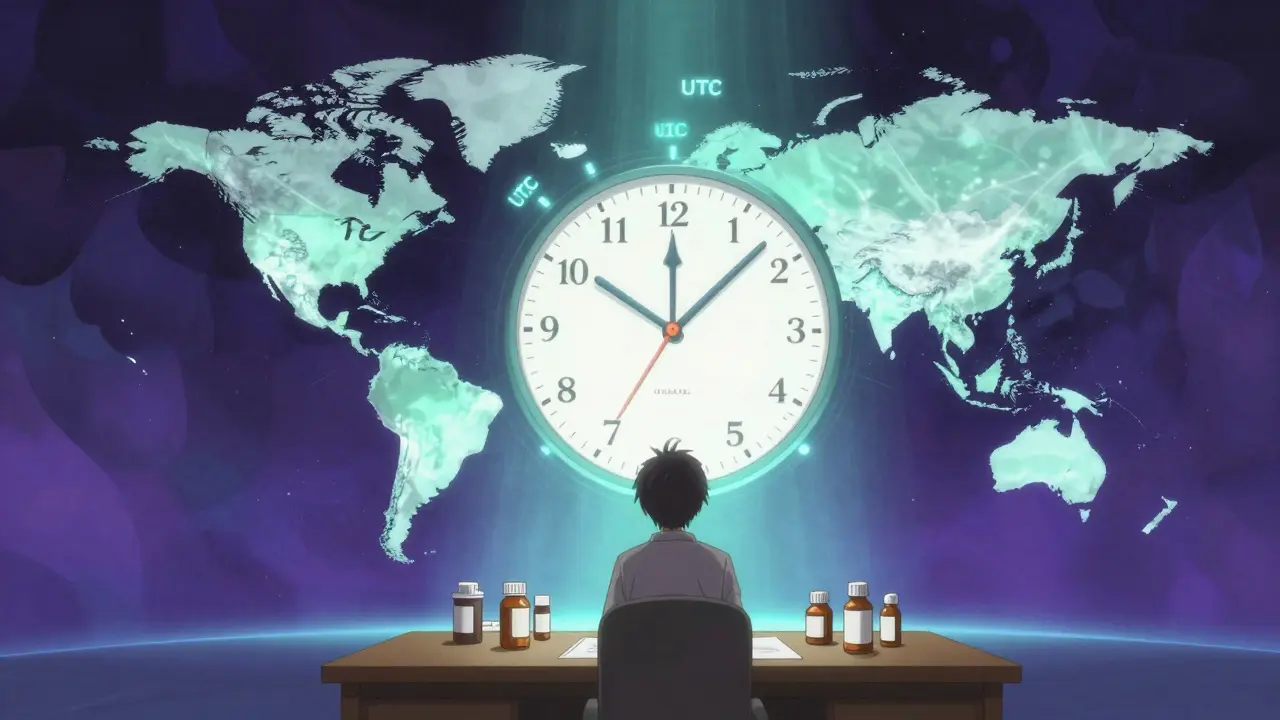 Time zone clock with floating world map elements