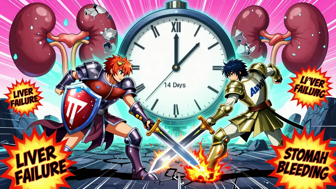 Warrior medications Tylenol and Advil battling in a surreal battlefield with body organ damage visuals.