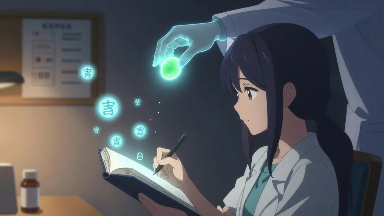 Woman documenting medication side effects with glowing icons, calm and methodical, medical symbols floating nearby.