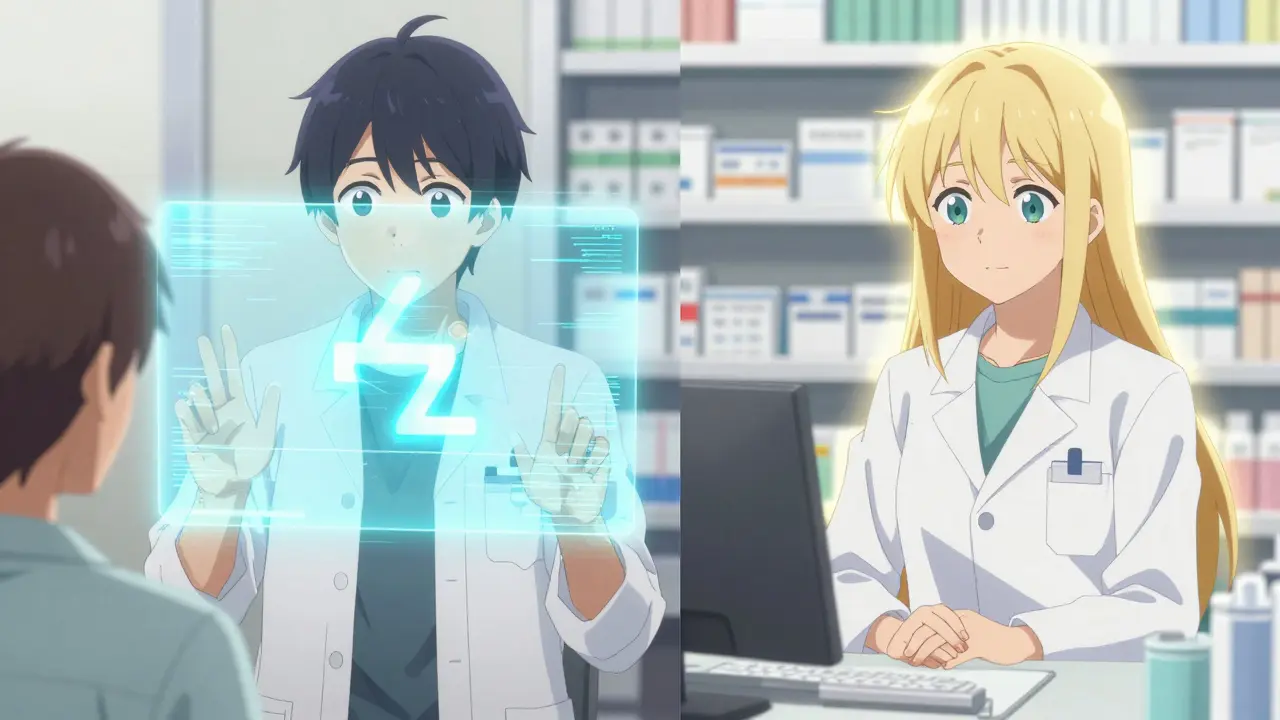 A comparison between a glitching translation app and a professional medical interpreter.