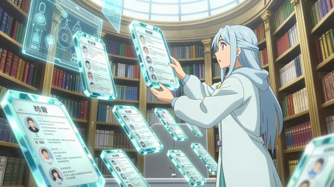 A guardian organizing floating crystalline tablets of medical wishes in a magical library.