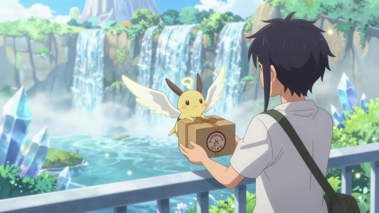 A magical winged courier delivering a supplement package to a person on a fantasy balcony.