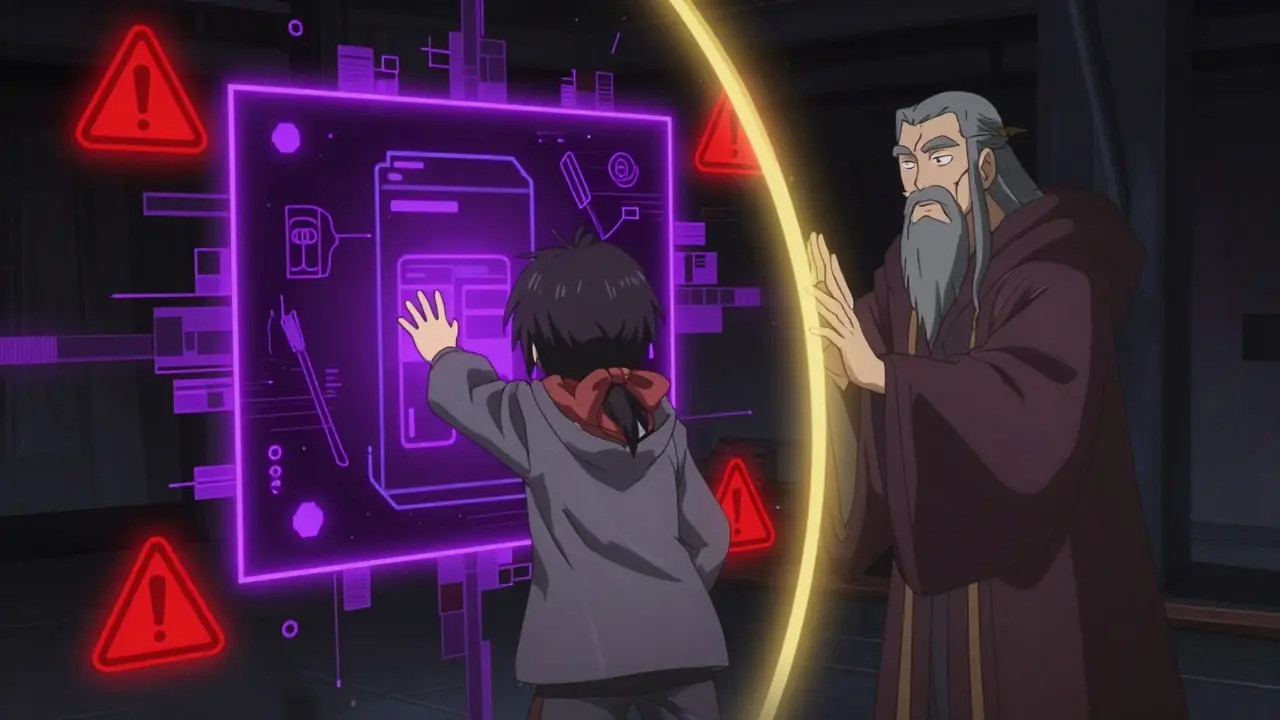 A mentor protecting a character from a glitchy, dangerous portal representing an unsafe online pharmacy.
