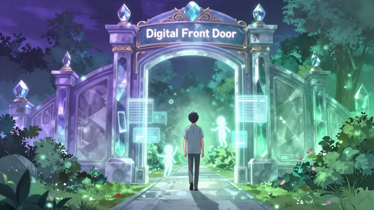 A patient entering a crystalline digital gateway to a proactive healthcare system.