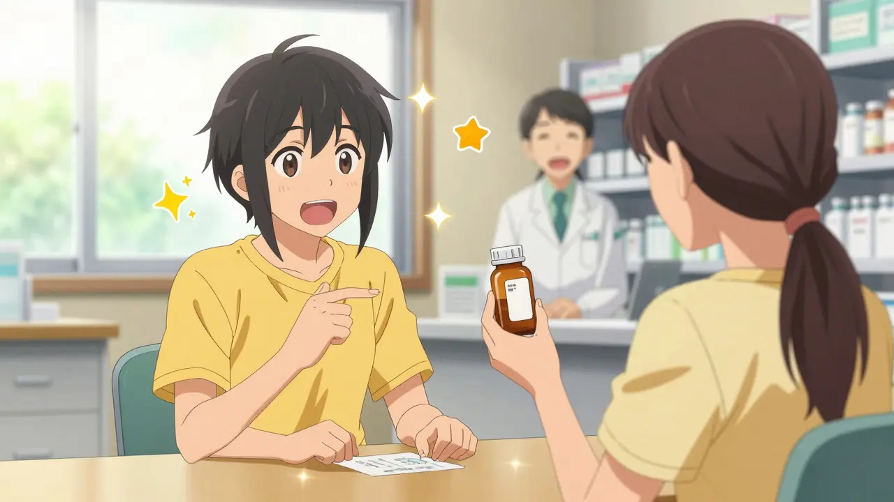 A patient successfully explaining medication instructions back to a pharmacist.