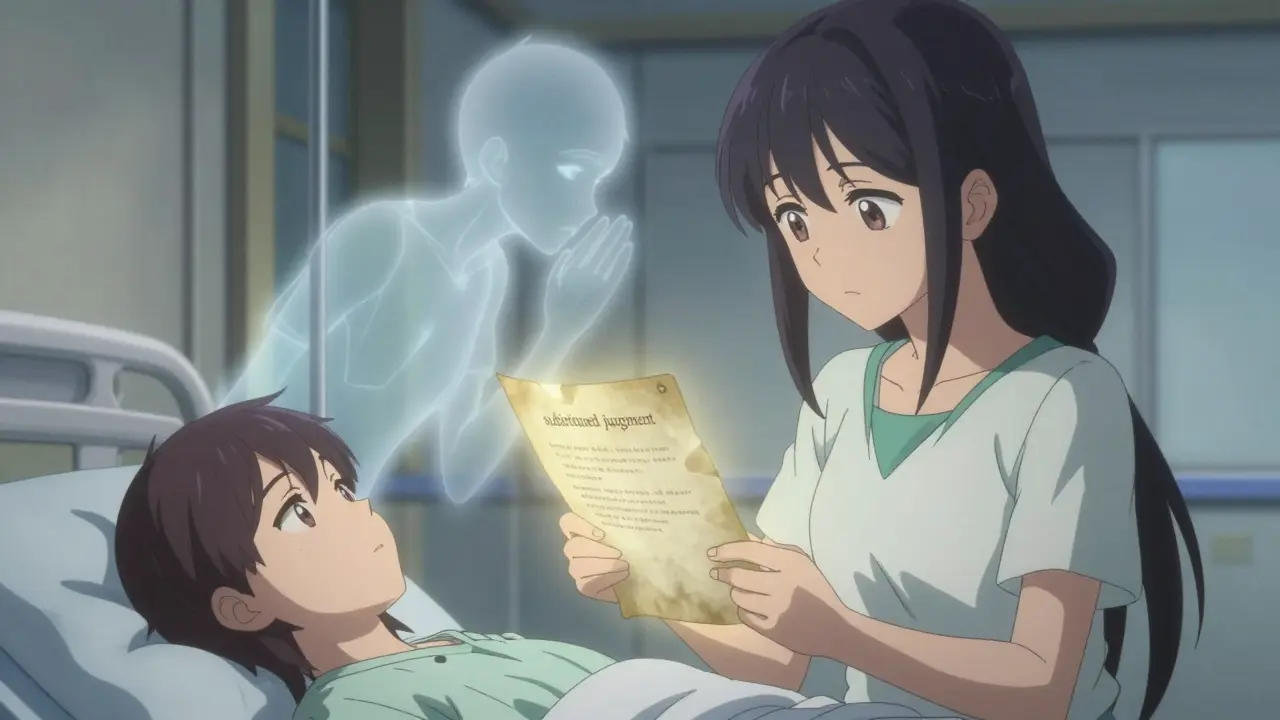A surrogate holding a glowing legal document beside an unconscious patient in an anime style.