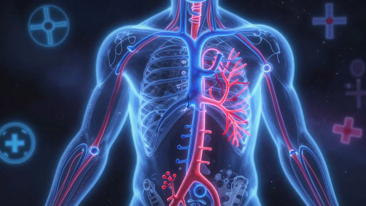 Abstract anime illustration of a glowing human circulatory system showing blood flow.