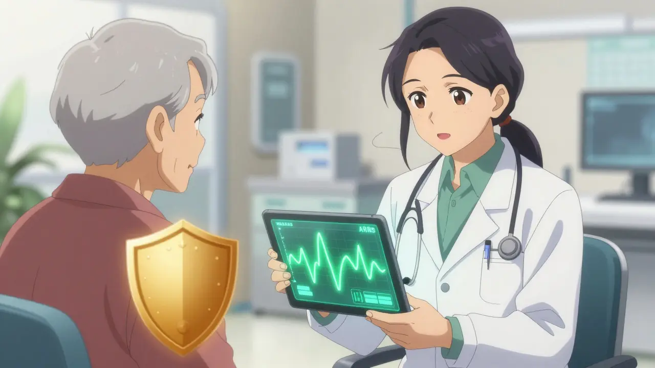 An elderly patient and doctor discussing health with a holographic display in anime style.
