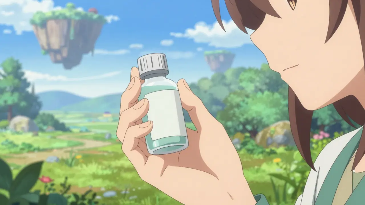 Anime style close-up of generic clindamycin medication against a peaceful fantasy landscape.