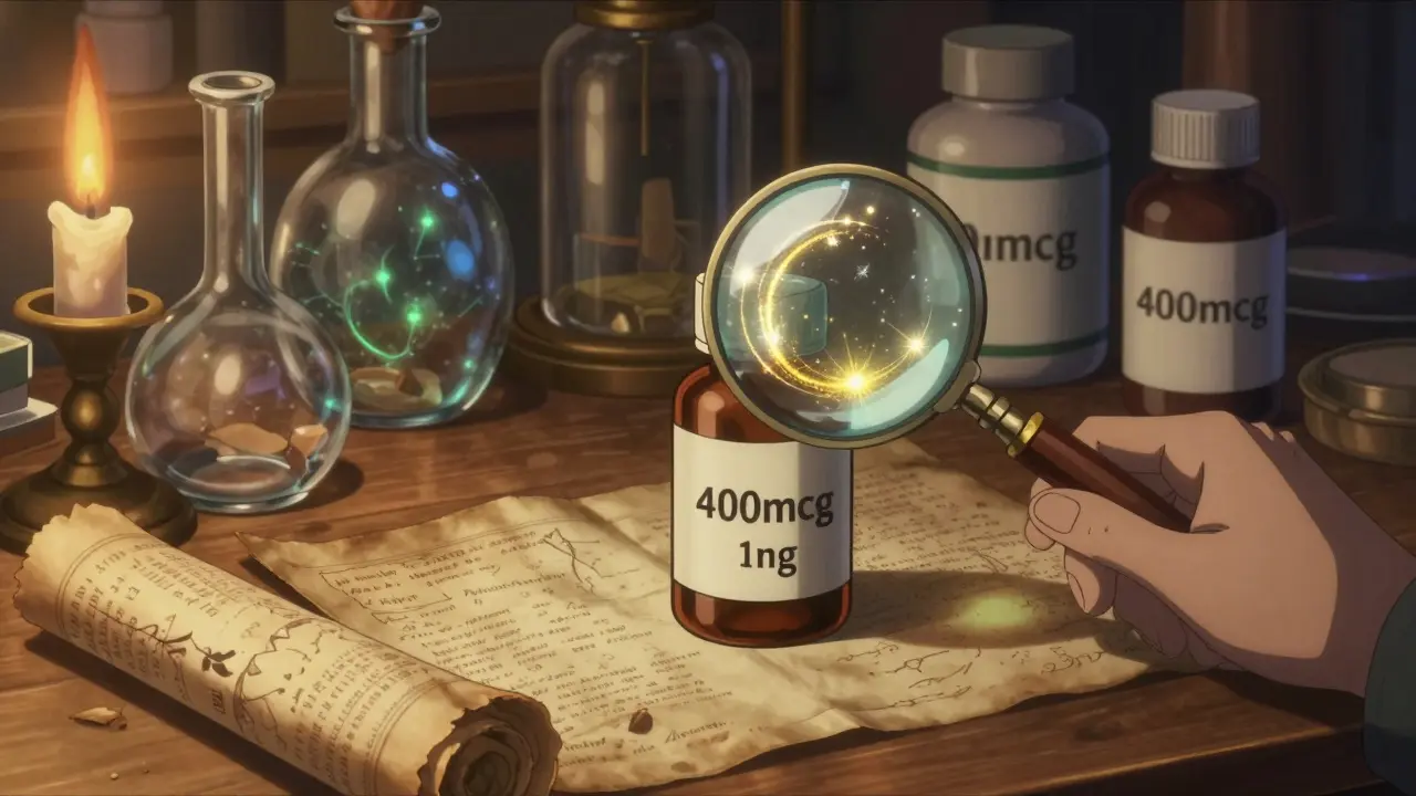 Close-up of supplement bottles on a fantasy apothecary table with glowing dosage labels.