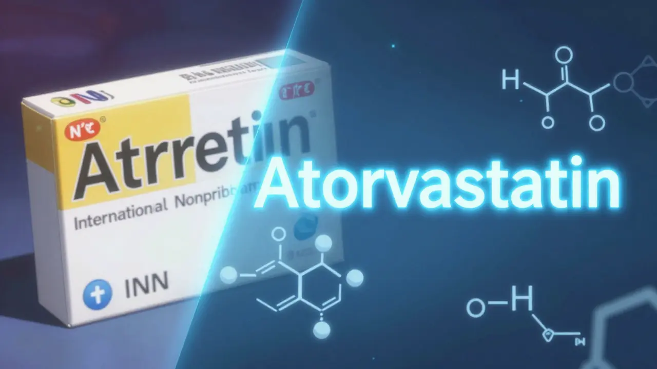 Comparison between a brand-name drug and its glowing generic INN chemical name.