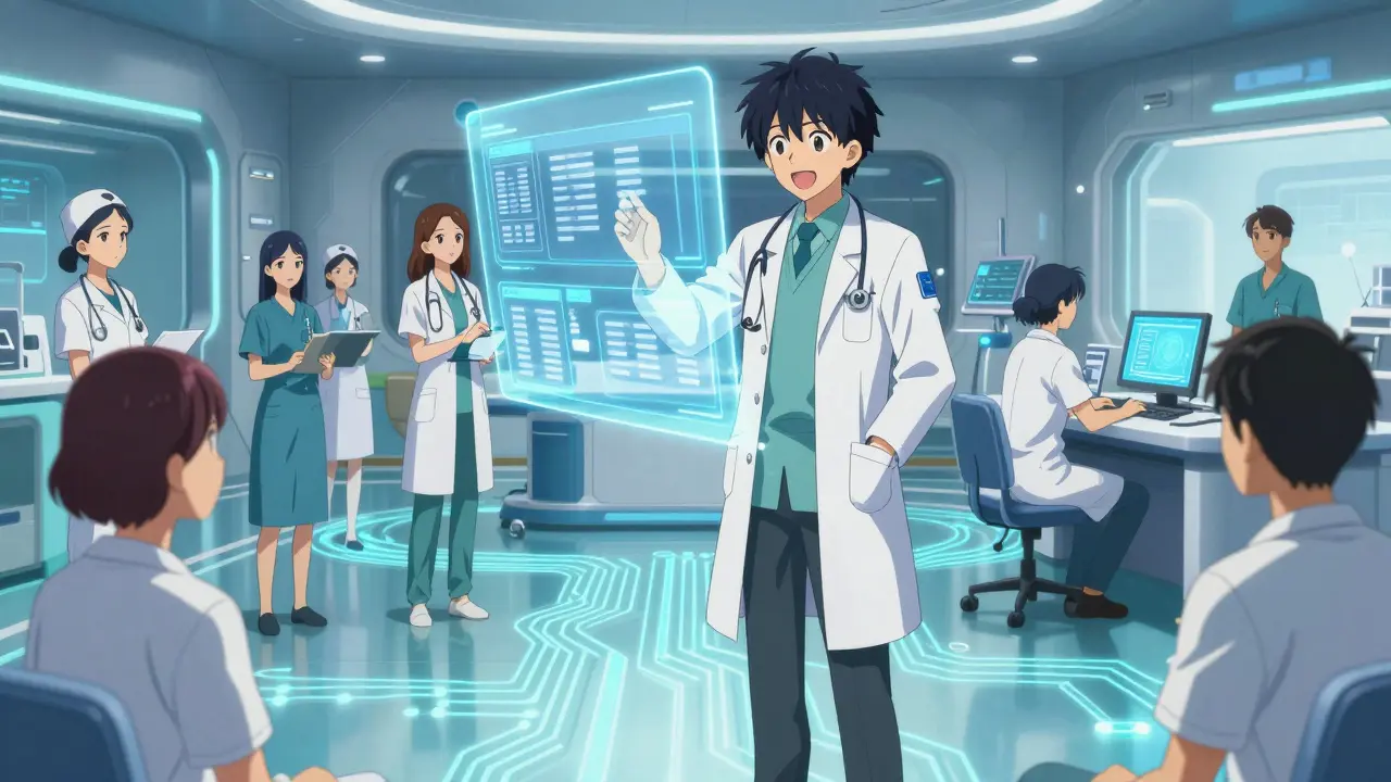 Medical team working with floating AI screens in a high-tech fantasy clinic.