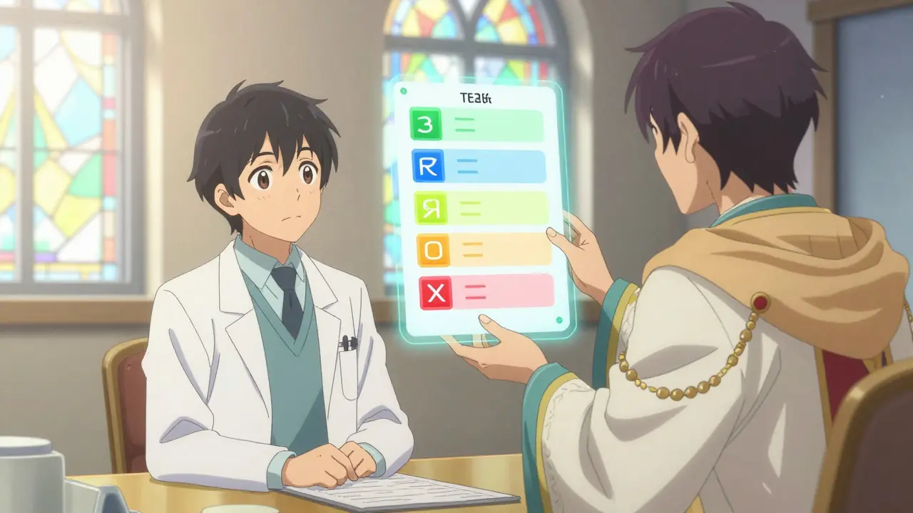 Patient and doctor discussing a magical tiered medication list in a healer's office.