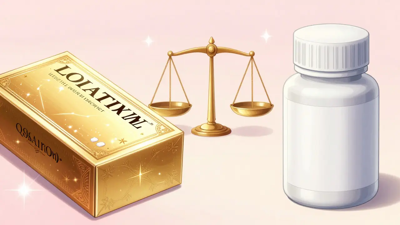 Split screen showing brand-name and generic medication balanced on a magical scale.