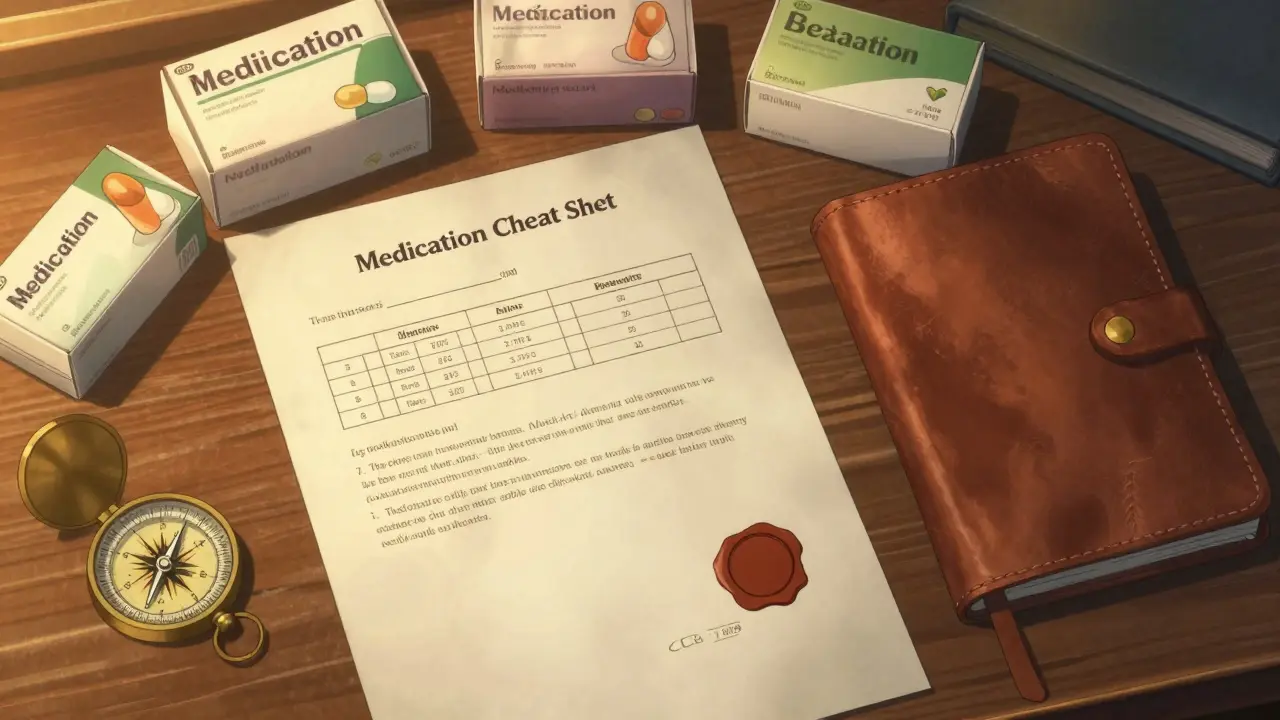 Travel preparations featuring a doctor's letter and a medication cheat sheet on a desk.